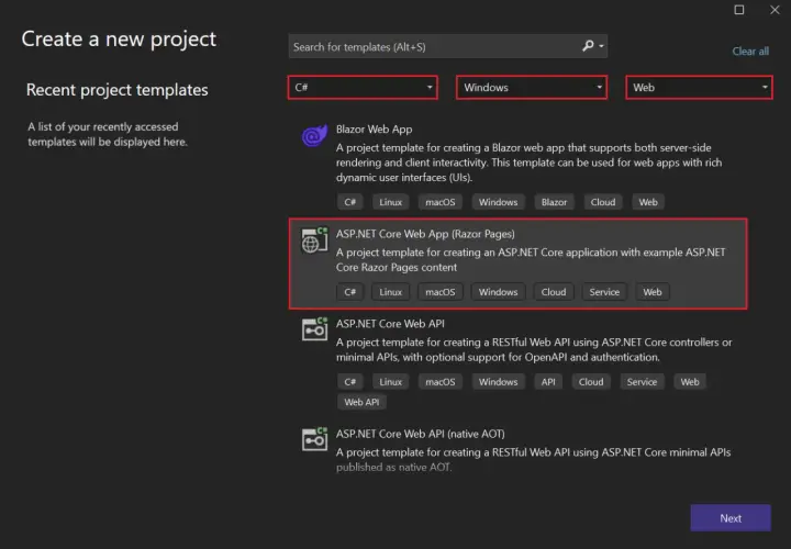 Tworzenie projektu ASP.NET Core Web App (Razor Pages) dla aplikacji webowych. Dostępne dla Windows i innych systemów.