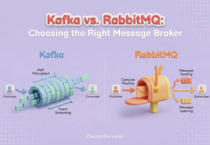 Porównanie Kafka vs. RabbitMQ: Kafka z potężnym strumieniem zdarzeń, RabbitMQ z pocztą i trasowaniem wiadomości.