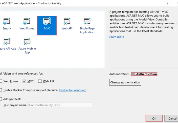 Tworzenie projektu ASP.NET MVC. Wybrano szablon MVC, który jest idealny do tworzenia aplikacji z użyciem Entity Framework Code First.