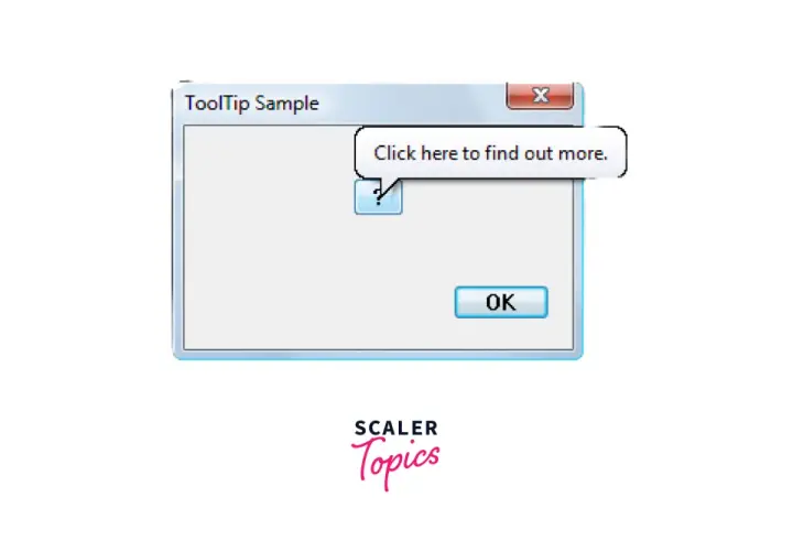 Okno dialogowe "ToolTip Sample" z przyciskiem "OK" i dymkiem podpowiedzi mui tooltip: "Click here to find out more.".