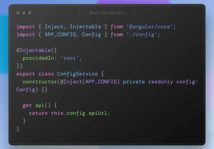 Kod Angular pokazujący, jak wstrzykiwać i używać angular environment variables w serwisie ConfigService.