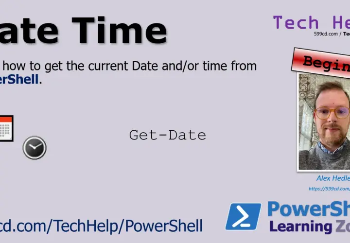 Ikona kalendarza i zegara obok tekstu "Get-Date" na tle grafiki z napisem "Date Time".