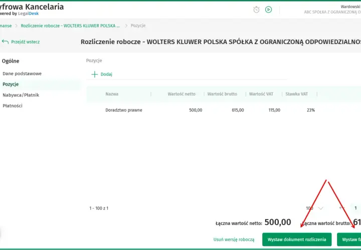 Widok aplikacji "Cyfrowa Kancelaria" z rozliczeniem roboczym. Na ekranie widać pozycje rozliczenia, w tym "Doradztwo prawne" z wartością netto 500,00 i brutto 615,00. W dolnej części ekranu widoczny jest przycisk "Wystaw dokument rozliczenia", który mo...