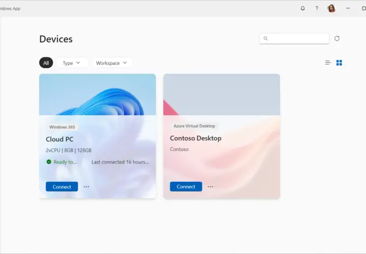 Aplikacja Windows App pokazuje Cloud PC i Contoso Desktop, dostępne przez Microsoft Remote Desktop na Macu.