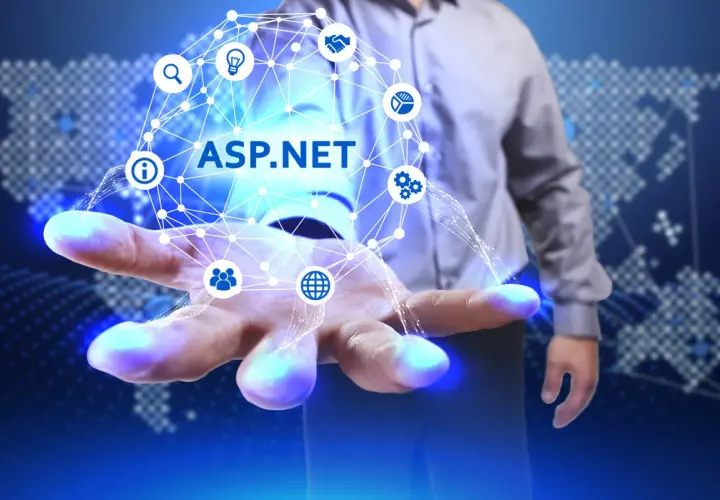 Dłoń trzyma sieć symboli, z napisem ASP.NET w centrum.