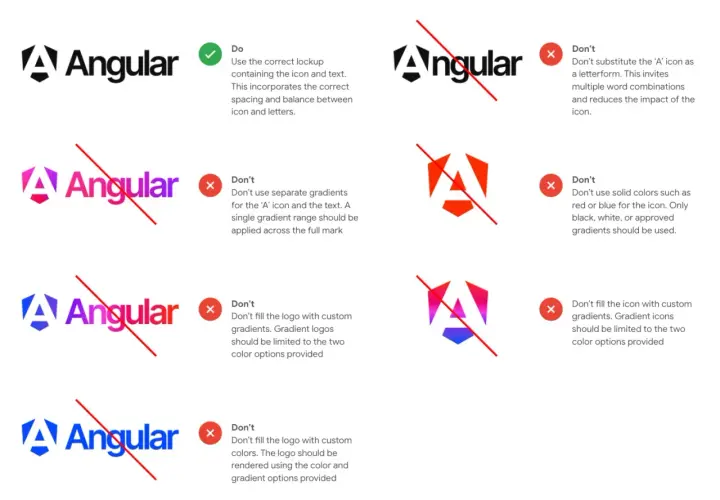 Wytyczne dotyczące logo Angular: prawidłowe użycie ikony i tekstu, unikanie niestandardowych gradientów i kolorów.