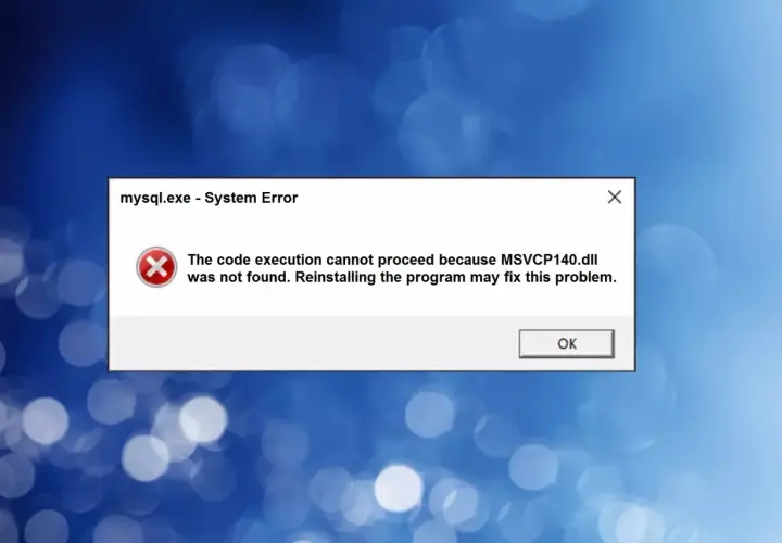 Błąd systemu mysql.exe: brak pliku MSVCP140.dll, który jest częścią biblioteki Microsoft Visual C++ Runtime Library.