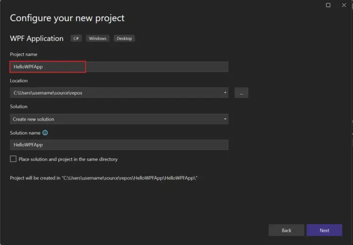 Konfiguracja projektu WPF. Nazwa projektu "HelloWPFApp" jest gotowa do rozpoczęcia wspaniałego wpf tutorial.