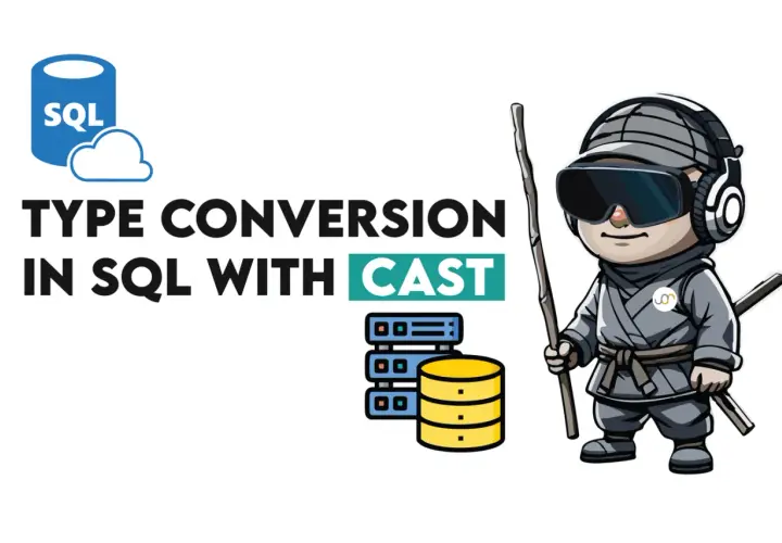 Mistrz ninja z mieczem i kijem uczy konwersji typów w MSSQL z użyciem CAST. Ikony baz danych i chmury SQL.