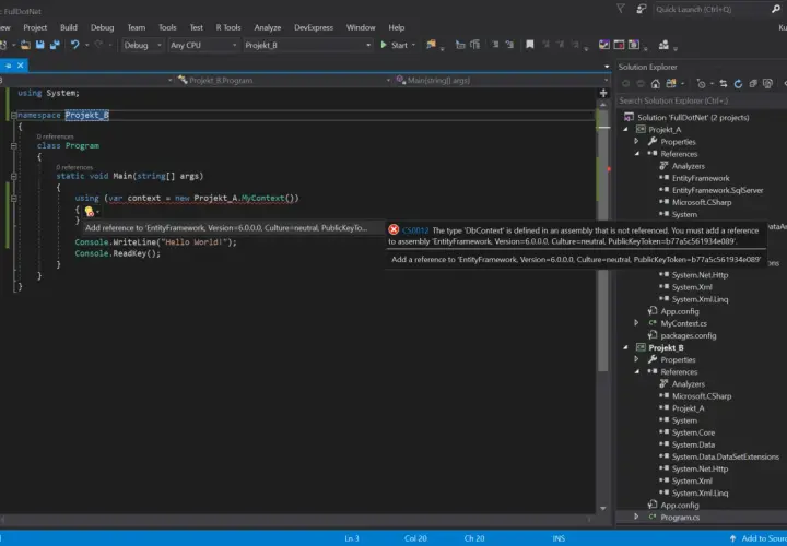 Błąd kompilacji CS0012: typ 'DbContext' zdefiniowany w nieodwołanym zestawie. Brak odwołania do EntityFramework.