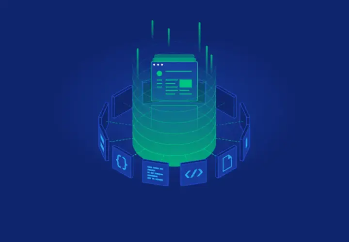 Abstrakcyjny koncept wizualizujący rozwój wpf application. Wokół centralnego, zielonego rdzenia, symbolizującego kod, krążą ikony reprezentujące różne etapy tworzenia oprogramowania.
