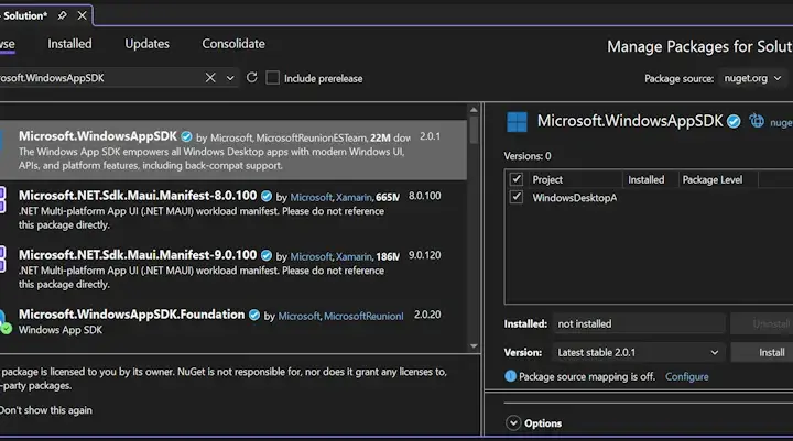 Zarządzanie pakietami NuGet dla rozwiązania, wyszukiwanie Microsoft.WindowsAppSDK.