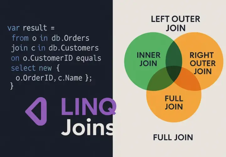 Kod C# demonstrujący LINQ join. Diagram przedstawia typy joinów: Inner, Left Outer, Right Outer i Full Join.