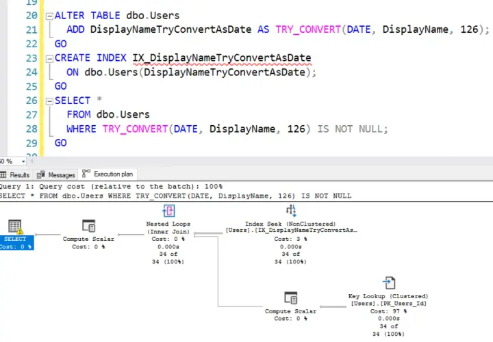 SQL Server TRY_CONVERT w zapytaniu i planie wykonania, tworzenie indeksu dla optymalizacji.