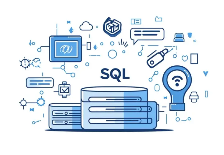 Baza danych SQL z ikonami symbolizującymi połączenie i aktualizację danych.