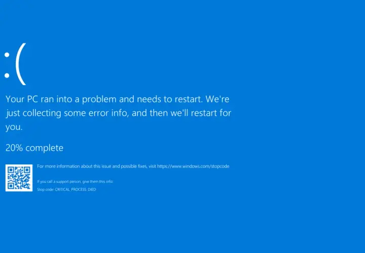 Niebieski ekran śmierci Windows z komunikatem o błędzie CRITICAL_PROCESS_DIED. Dziennik zdarzeń Windows zawiera szczegóły.