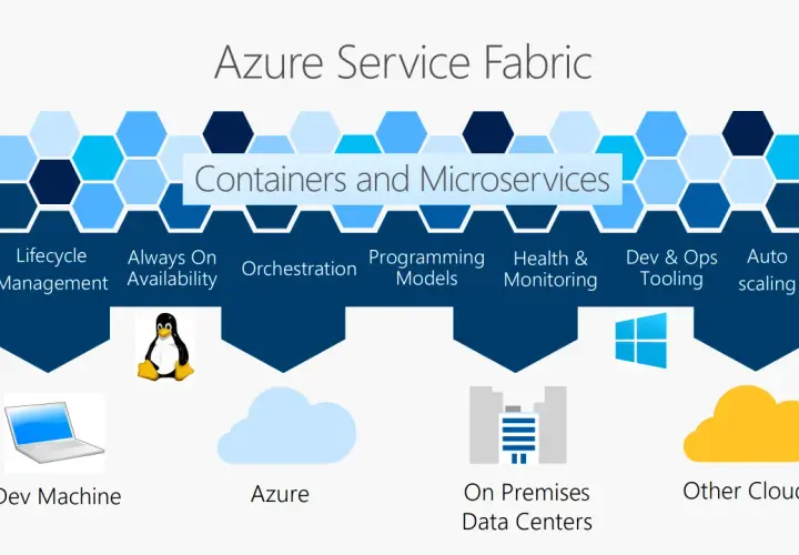 Azure Service Fabric: zarządzanie cyklem życia, dostępność, orkiestracja, modele programowania, monitorowanie, narzędzia Dev & Ops, autoskalowanie dla kontenerów i mikrousług, tworząc elastyczną data fabric.