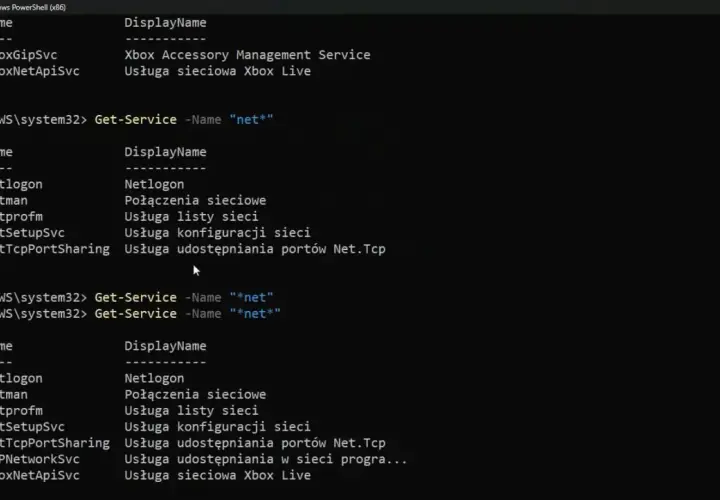 Wiersz poleceń Windows PowerShell wyświetla listę usług sieciowych, niektóre zatrzymane, inne działające.