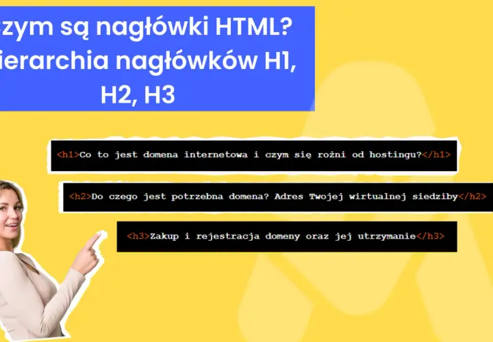 Kobieta wskazuje na nagłówki HTML: H1, H2, H3. Wyjaśnia hierarchię i zastosowanie nagłówków, np. do opisu domeny.