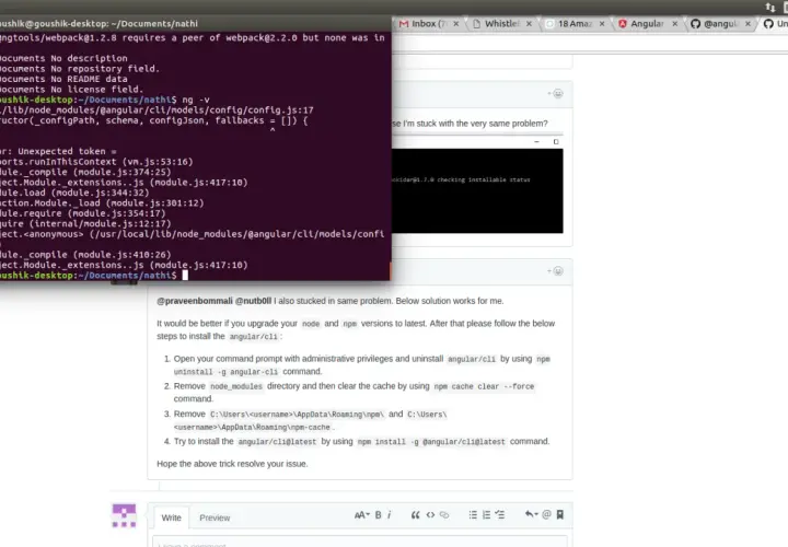 Błąd "ng command not found" w terminalu, po próbie uruchomienia ng -v. Widać też komunikaty npm i fragment dyskusji o rozwiązaniu problemu.