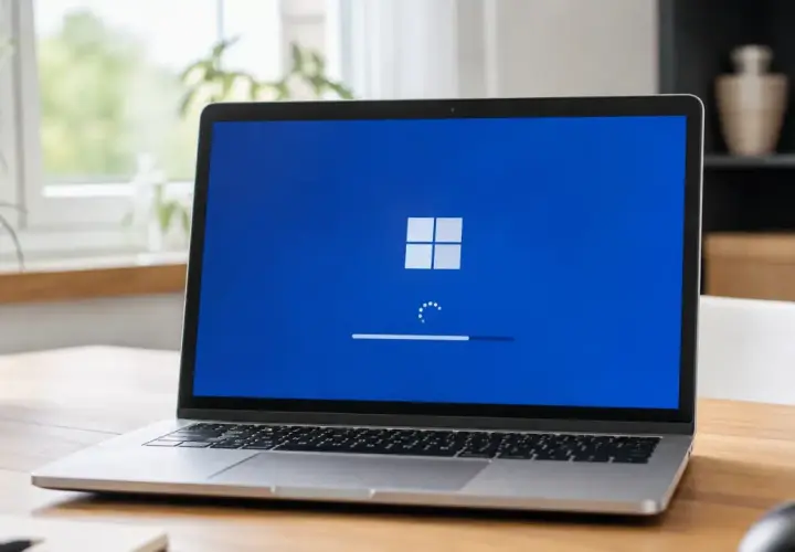 Laptop z niebieskim ekranem i logo Windows, postęp aktualizacji. Czekam na wsl update.