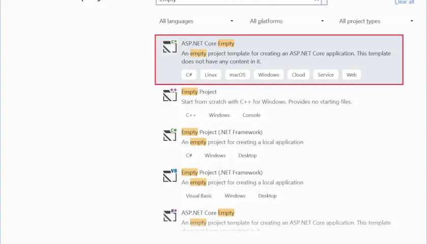 Szablon ASP.NET Core Empty do tworzenia aplikacji webowych. Idealny do rozpoczęcia projektu z minimal api.