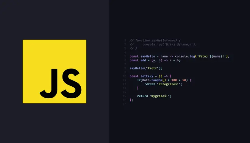 Logo JS obok kodu w języku javascript. Funkcja loterii w javascript case.
