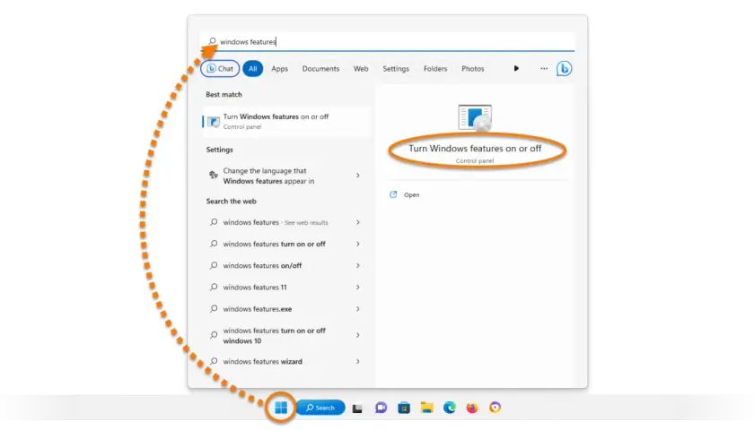 Wyszukiwanie funkcji Windows w systemie Windows 11. Wpisano "windows features", a system sugeruje "Turn Windows features on or off".
