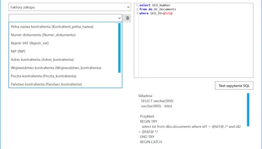 Interfejs programu z listą pól do wyboru, w tym "Pełna nazwa kontrahenta", i fragmentem kodu SQL z c# double question mark (@Id1@).