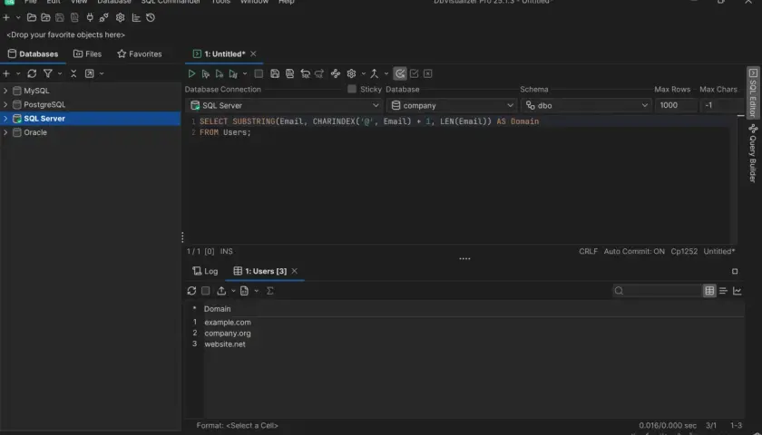 SQL Server: zapytanie z funkcją mssql substring do wyodrębnienia domeny z adresu email.