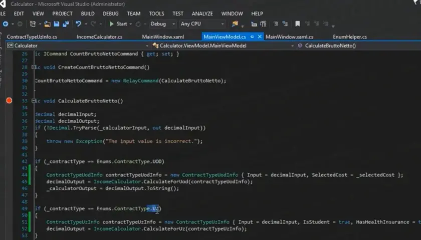 Kod w języku C# w Visual Studio. Rozważ naukę C#, jeśli zastanawiasz się, od jakiego języka programowania zacząć.