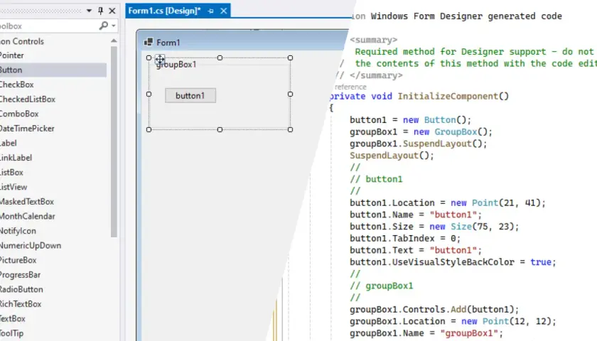 Widok projektanta w Visual Studio, gdzie dodawany jest przycisk do grupy kontrolek w ramach tworzenia aplikacji z użyciem **WinUI 3**.