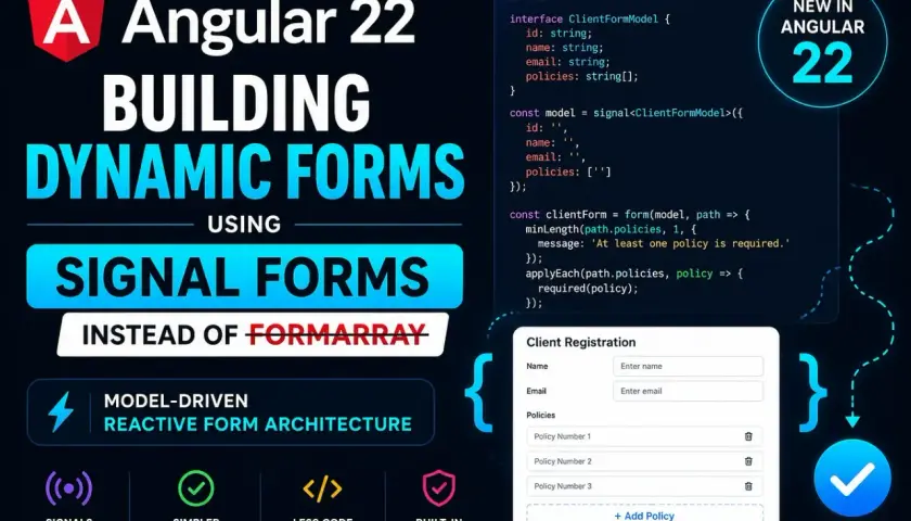 Angular 22: budowanie dynamicznych formularzy z użyciem Signal Forms zamiast FormArray. Kod pokazuje walidację pól.