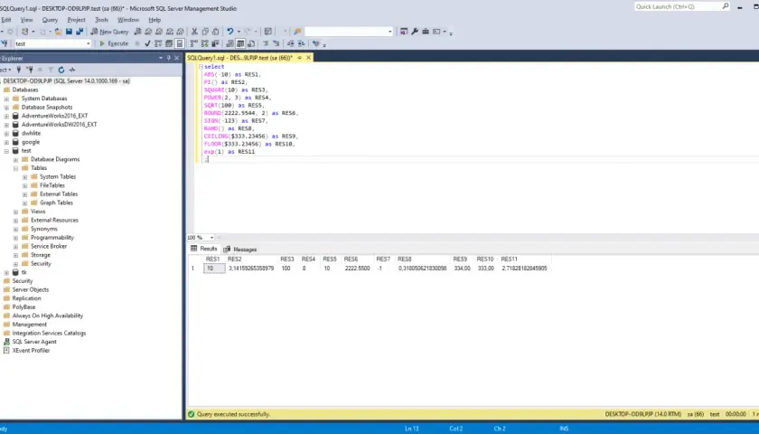 SQL Server Management Studio z zapytaniem SQL, które używa funkcji matematycznych, np. SQRT, ROUND, CEILING, FLOOR, EXP.