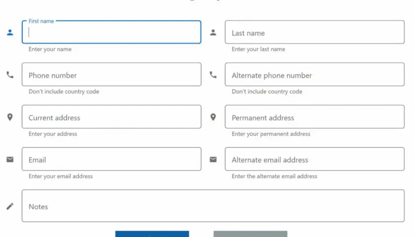 Formularz rejestracyjny z polami do wpisania imienia, nazwiska, numeru telefonu, adresu, email i notatek. Każde pole typu wpf textbox ma podpowiedź.
