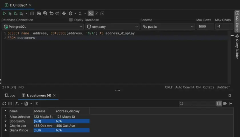 Zapytanie SQL w PostgreSQL używa COALESCE do wyświetlania 'N/A' zamiast pustych adresów.