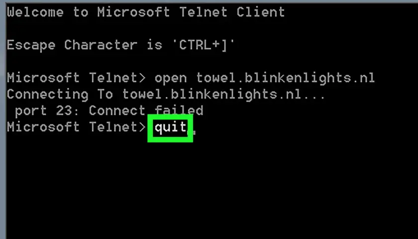 Okno klienta Telnet w systemie Windows, próba połączenia z towel.blinkenlights.nl zakończona niepowodzeniem, wpisano "quit".