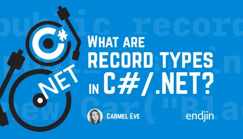 Grafika przedstawia pytanie "What are record types in C#/.NET?". Stylizowany symbol C# przypomina płytę winylową.