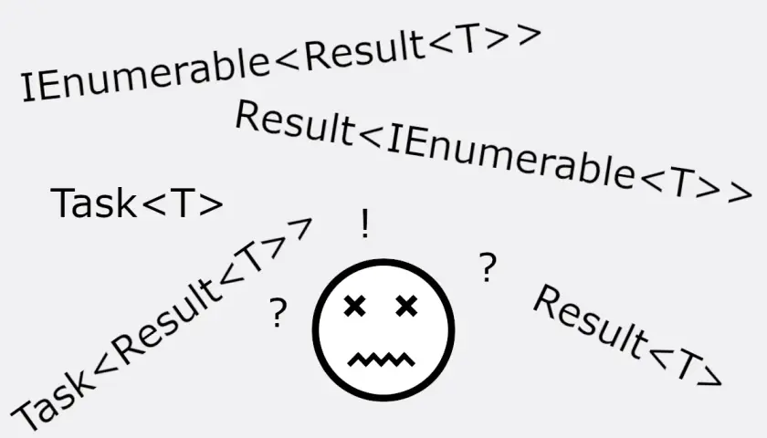 Programista C# zagubiony w zagnieżdżonych typach, jak `IEnumerable<Result<T>>` czy `Task<Result<T>>`.