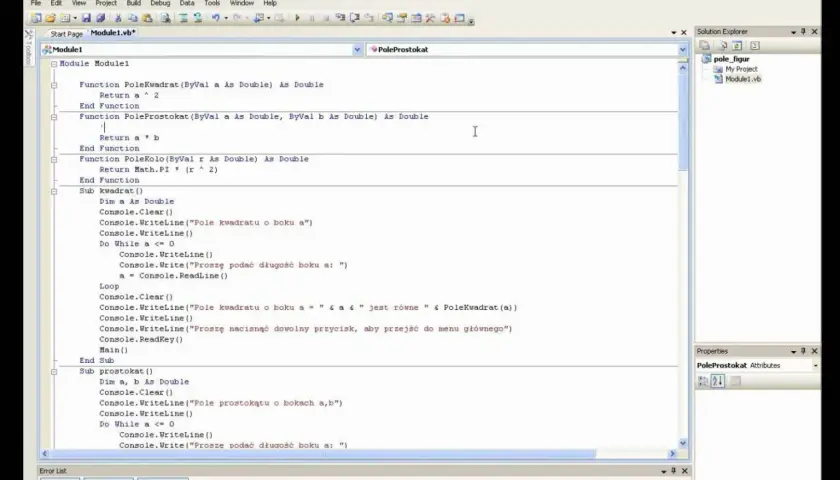 Kod w **Visual Basic** do obliczania pól figur. Widać funkcje dla kwadratu, prostokąta i koła.