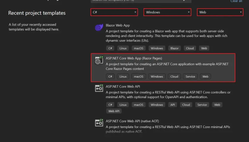 Tworzenie projektu ASP.NET Core Web App (Razor Pages) dla aplikacji webowych. Dostępne dla Windows i innych systemów.