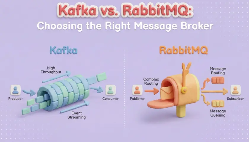 Porównanie Kafka vs. RabbitMQ: Kafka z potężnym strumieniem zdarzeń, RabbitMQ z pocztą i trasowaniem wiadomości.