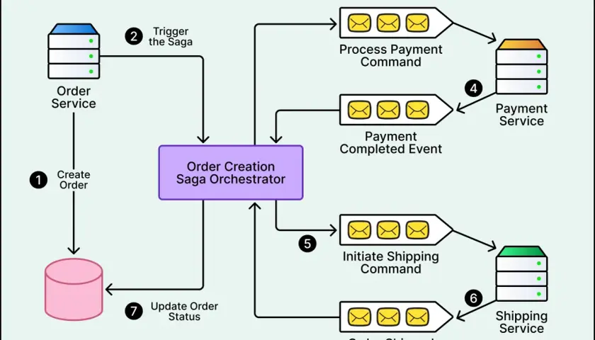 Schemat przedstawia Orchestration-Based Saga. Kolejne kroki: Create Order, Trigger the Saga, Process Payment Command, Payment Completed Event, Initiate Shipping Command, Order Shipped Event, Update Order Status.