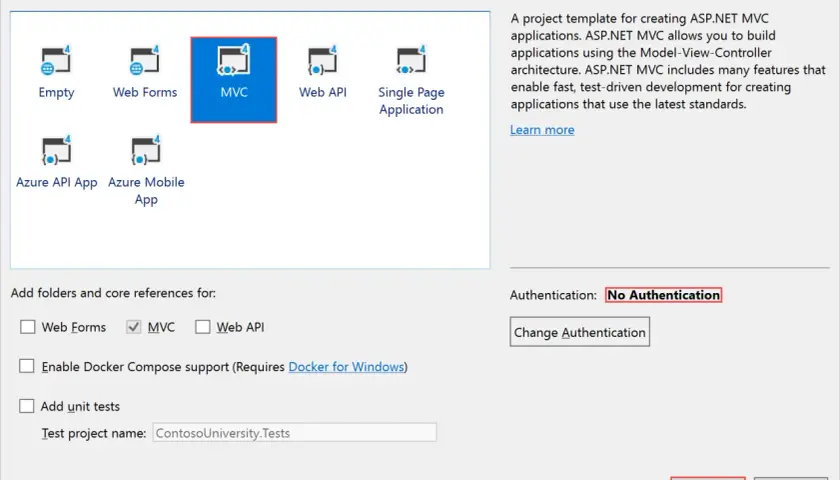 Tworzenie projektu ASP.NET MVC. Wybrano szablon MVC, który jest idealny do tworzenia aplikacji z użyciem Entity Framework Code First.