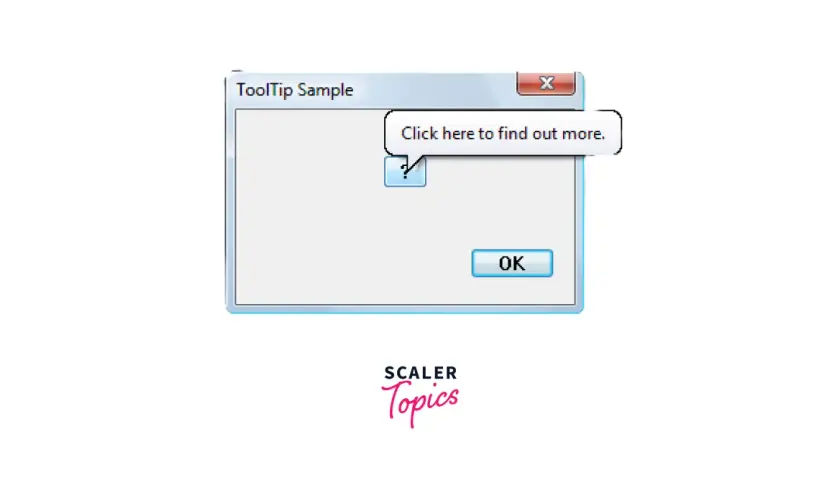 Okno dialogowe "ToolTip Sample" z przyciskiem "OK" i dymkiem podpowiedzi mui tooltip: "Click here to find out more.".