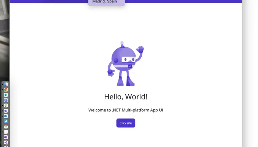 Aplikacja .NET MAUI z menu "Zmień lokalizację" otwartym, pokazującym opcje Nowy Jork, Berlin i Madryt.