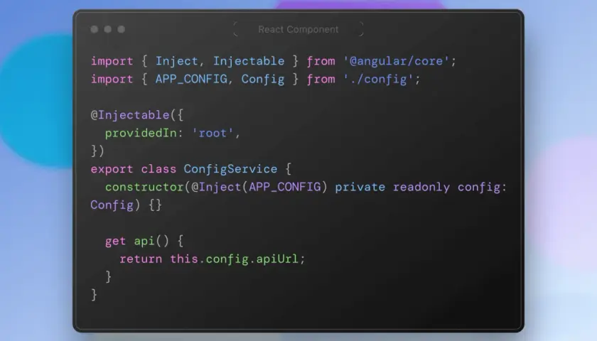 Kod Angular pokazujący, jak wstrzykiwać i używać angular environment variables w serwisie ConfigService.