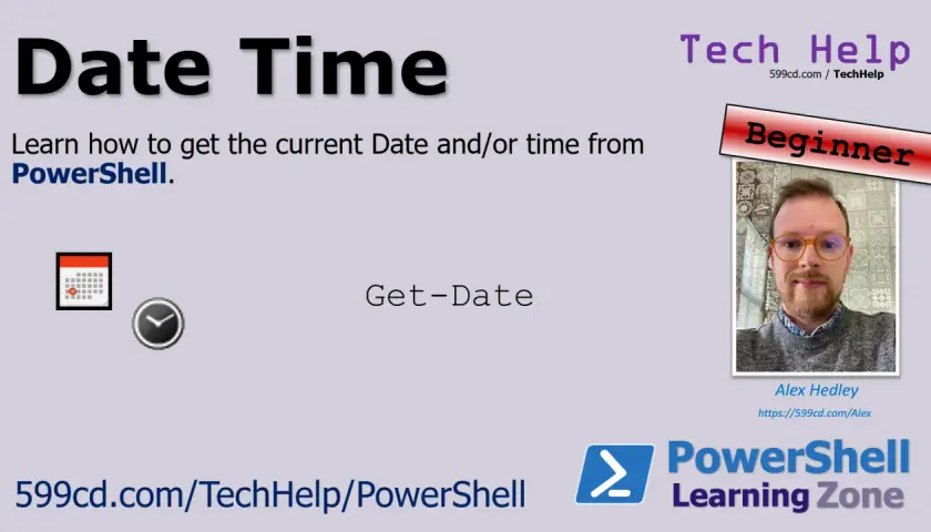 Ikona kalendarza i zegara obok tekstu "Get-Date" na tle grafiki z napisem "Date Time".