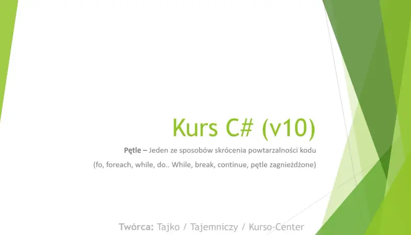 Kurs C# o pętlach, kluczowych w językach obiektowych, omawia sposoby skracania kodu, np. pętle for, foreach, while.