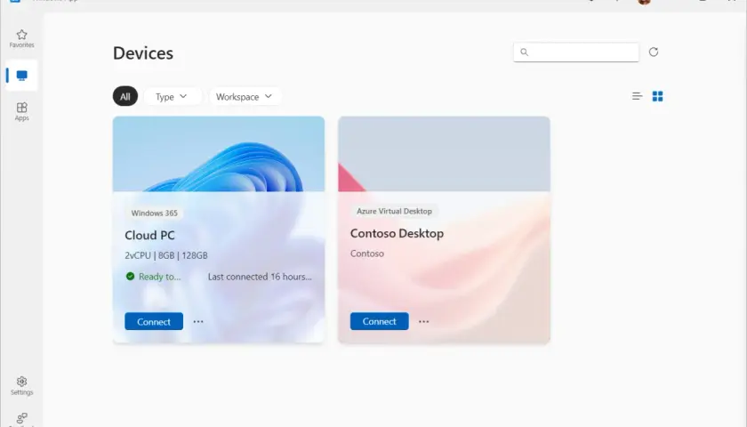Aplikacja Windows App pokazuje Cloud PC i Contoso Desktop, dostępne przez Microsoft Remote Desktop na Macu.
